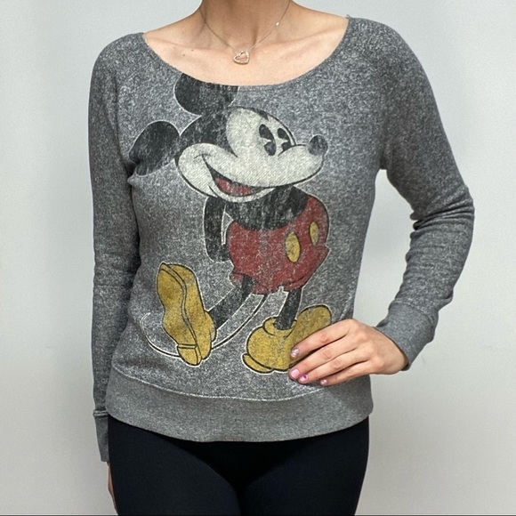 Disney Mickey Distressed Scoop Neck Sweatshirt - Picture 1 of 11